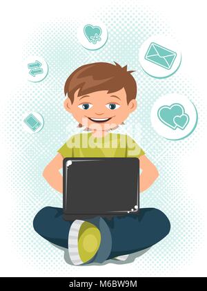 Young teen boy working on a laptop Stock Vector