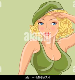 Cartoon female soldier gives honor. Vector illustration Stock Vector