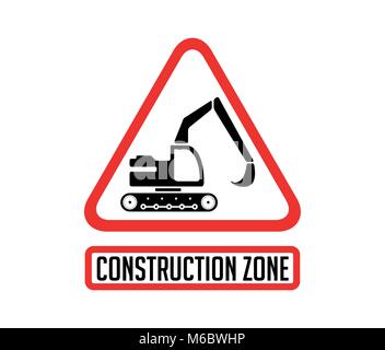 Construction zone warning sign - working excavator concept Stock Vector