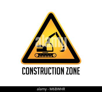 Construction zone warning sign - working excavator concept Stock Vector