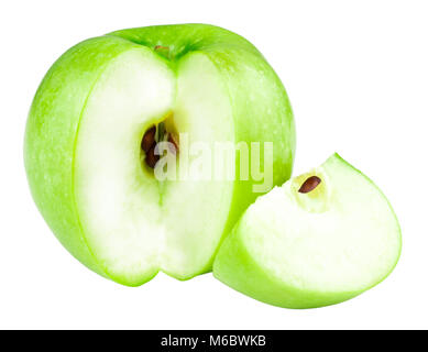 Green apple fruits and slices of apple isolated on white background. Stock Photo