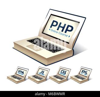 Programming language concept - PHP, CSS, XML, HTML, Javascript learning - book as laptop Stock Vector