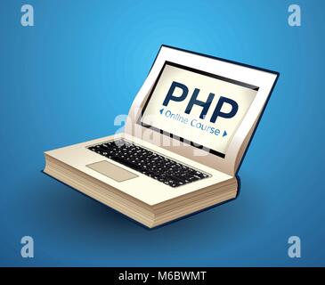 Programming language concept - PHP, CSS, XML, HTML, Javascript learning - book as laptop Stock Vector