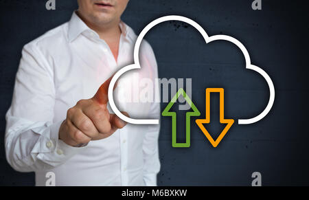 Data cloud touchscreen is operated by man concept. Stock Photo