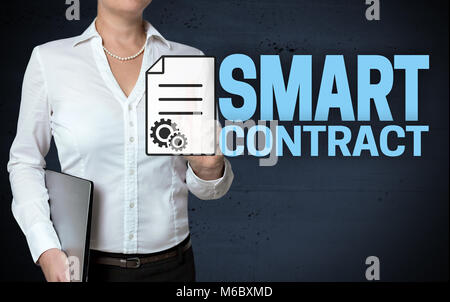 Smart Contract touchscreen is shown by businesswoman. Stock Photo