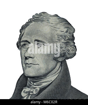 'Alexander Hamilton' face on US ten or 10 dollars bill macro, united states money closeup on white backgroundbackground. Stock Photo