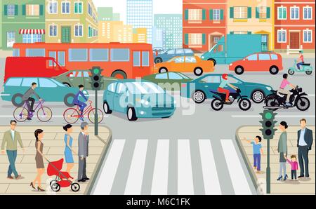 Big city with pedestrians and road traffic, illustration Stock Vector ...