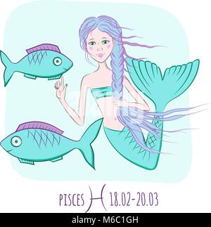 Pisces Zodiac astrological sign. Mermaid and two fishes vector illustration Stock Vector