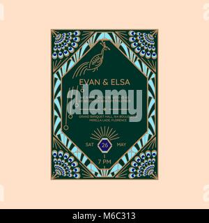 Wedding invitation vector template with peacock icon. Stock Vector