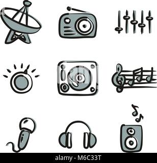 Radio Station Icons Freehand 2 Color Stock Vector