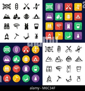 Rafting All in One Icons Black & White Color Flat Design Freehand Set Stock Vector