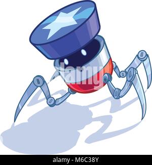 Vector cartoon clip art illustration of a patriotic American spider or bug or insect robot with a star shape button or bumper on its head. Elements on Stock Vector