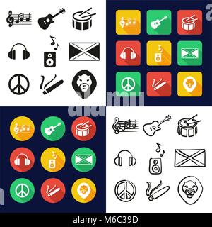 Reggae All in One Icons Black & White Color Flat Design Freehand Set Stock Vector