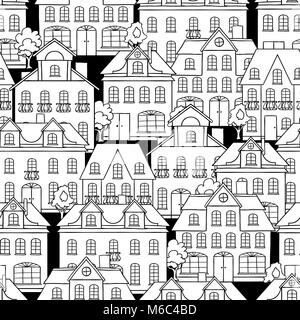 Seamless vector pattern with houses and trees Stock Vector