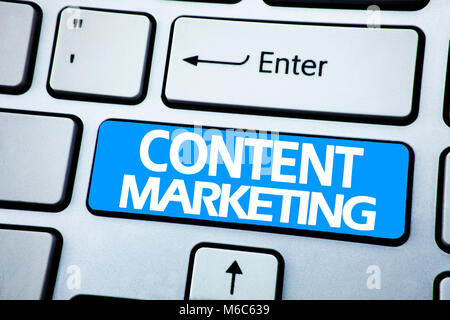 Handwriting Announcement text showing Content Marketing. Business concept for Online Media Plan written on red key the keybord background. Stock Photo