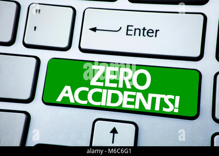 Handwriting Announcement text showing Zero Accidents. Business concept for Safety At Work Hazard written on blue key the keybord background. Stock Photo