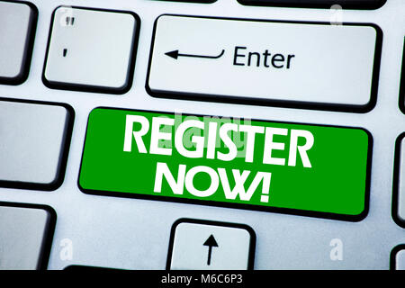 Handwriting Announcement text showing Register Now. Business concept for Join for Membership written on blue key the keybord background. Stock Photo