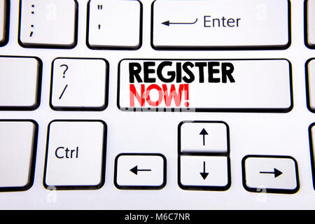 Hand writing text caption inspiration showing Register Now. Business concept for Join for Membership written on white keyboard key with copy space. To Stock Photo