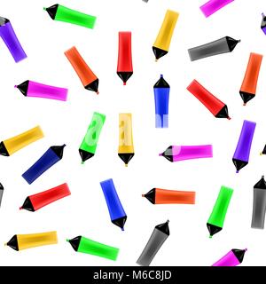 Colorful Markers Seamless Pattern Isolated on White. Set of Colored Pens Stock Vector