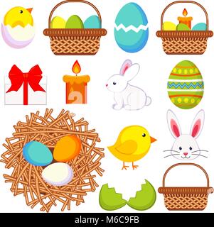 Cartoon easter icon set 13 elements. Stock Vector