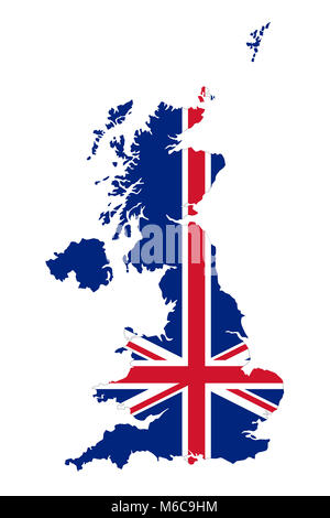 Union Jack in the outline of United Kingdom. Flag in red, blue and white colors. Royal Union Flag with the shape of the country with British Isles. Stock Photo