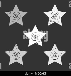 A set of stars with a curling element. Gray multi-colored light and dark shapes with a pattern. Vector image. The figures are located on a dark gray background. Stock Vector
