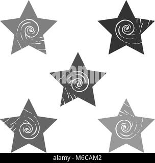 A set of stars with a curling element. Gray multi-colored light and dark shapes with a pattern. Vector image. The figures are arranged on a white background. Stock Vector