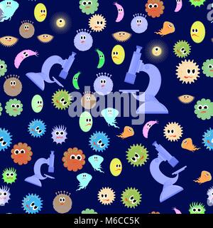 Different Cartoon Microbes Seamless Pattern. Pandemic Backteria. Germs Backterial Mickroorganism. Bacterium Monsters Stock Vector