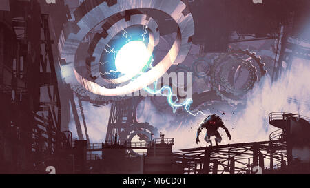 sci-fi scene of the giant machine with blue light creating a monster in old factory, digital art style, illustration painting Stock Photo