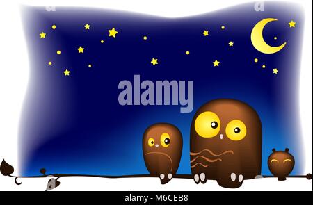 Lovely funny owls sitting on a tree branch Stock Vector