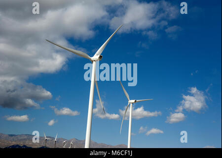 Wind mills create clean energy in the desert near Palm Springs, CA Stock Photo