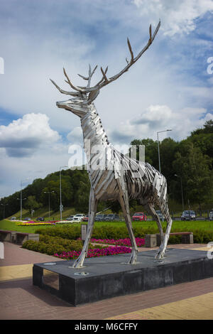 Nizhny Novgorod, Russia - Jul 19 2015: Metalic sculpture of a deer. The deer is a symbol of Nizhny Novgorod Stock Photo