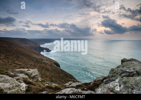 Stormy sunset sky over St Agnes Head on the north coast of Cornwall Stock Photo