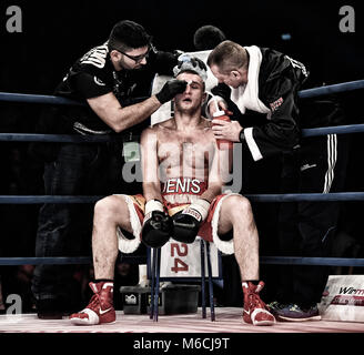 Boxing, Denis Radovan in his corner, cut over eye treatment, MHP-Arena, Ludwigsburg, Germany Stock Photo