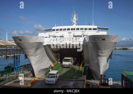 Aremiti Ferry anchored in the port, Ferry to Moorea, Catamaran, Papeete, Tahiti, French Polynesia Stock Photo