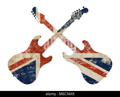 Two crossed gguitars shaped old grunge vintage dirty faded shabby distressed UK Great Britain national flag isolated on white background Stock Photo