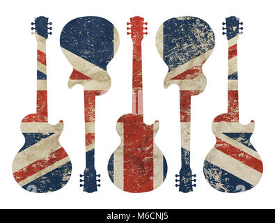 Five guitars shaped old grunge vintage dirty faded shabby distressed UK Great Britain national flag isolated on white background Stock Photo