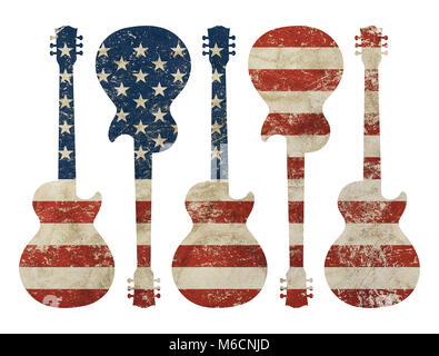 Five guitars shaped old grunge vintage dirty faded shabby distressed American US national flag isolated on white background Stock Photo