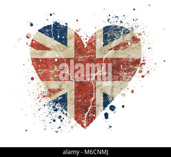 Heart shaped old grunge vintage dirty faded shabby distressed UK Great Britain national flag with bang splash isolated on white background Stock Photo