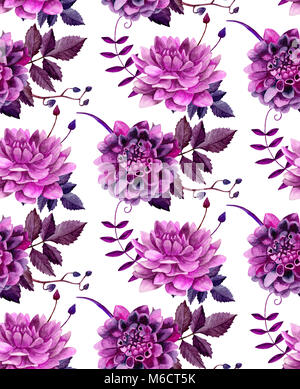 Watercolor purple dahlias flowers pattern. Floral background Stock Photo