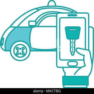 duo color police car and hand with smartphone digital key Stock Vector