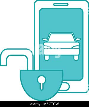 duo color smartphone with car and open padlock security Stock Vector