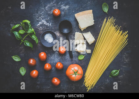 Top view of ingredients for making pasta with cheese and vegetables. Stock Photo