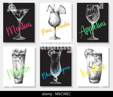 Hand drawn cocktails on individual cards. Vector illustration in sketch style Stock Vector