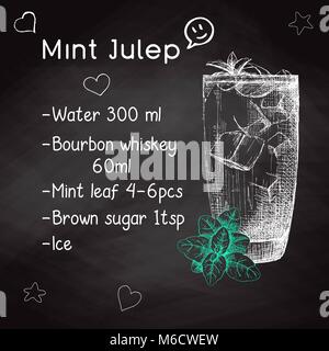 Simple recipe for an alcoholic cocktail Mint Julep. Drawing chalk on a blackboard. Vector illustration of a sketch style. Stock Vector