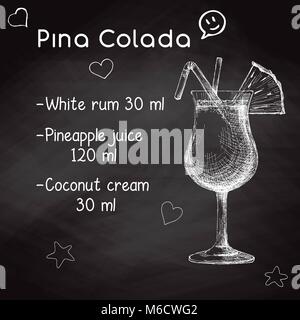 Simple recipe for an alcoholic cocktail Pina Colada. Drawing chalk on a blackboard. Vector illustration of a sketch style. Stock Vector