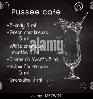 Simple recipe for an alcoholic cocktail Pussee cafe. Drawing chalk on a blackboard. Vector illustration of a sketch style. Stock Vector