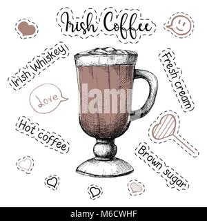 Simple recipe for an alcoholic cocktail Irish Coffee. Vector illustration of a sketch style. Stock Vector