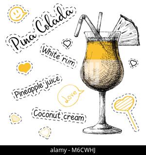 Simple recipe for an alcoholic cocktail Pina Colada. Vector illustration of a sketch style Stock Vector