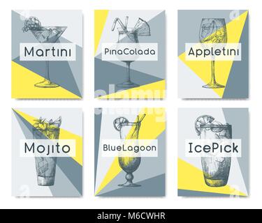 Hand drawn cocktails on individual cards. Vector illustration in sketch style Stock Vector